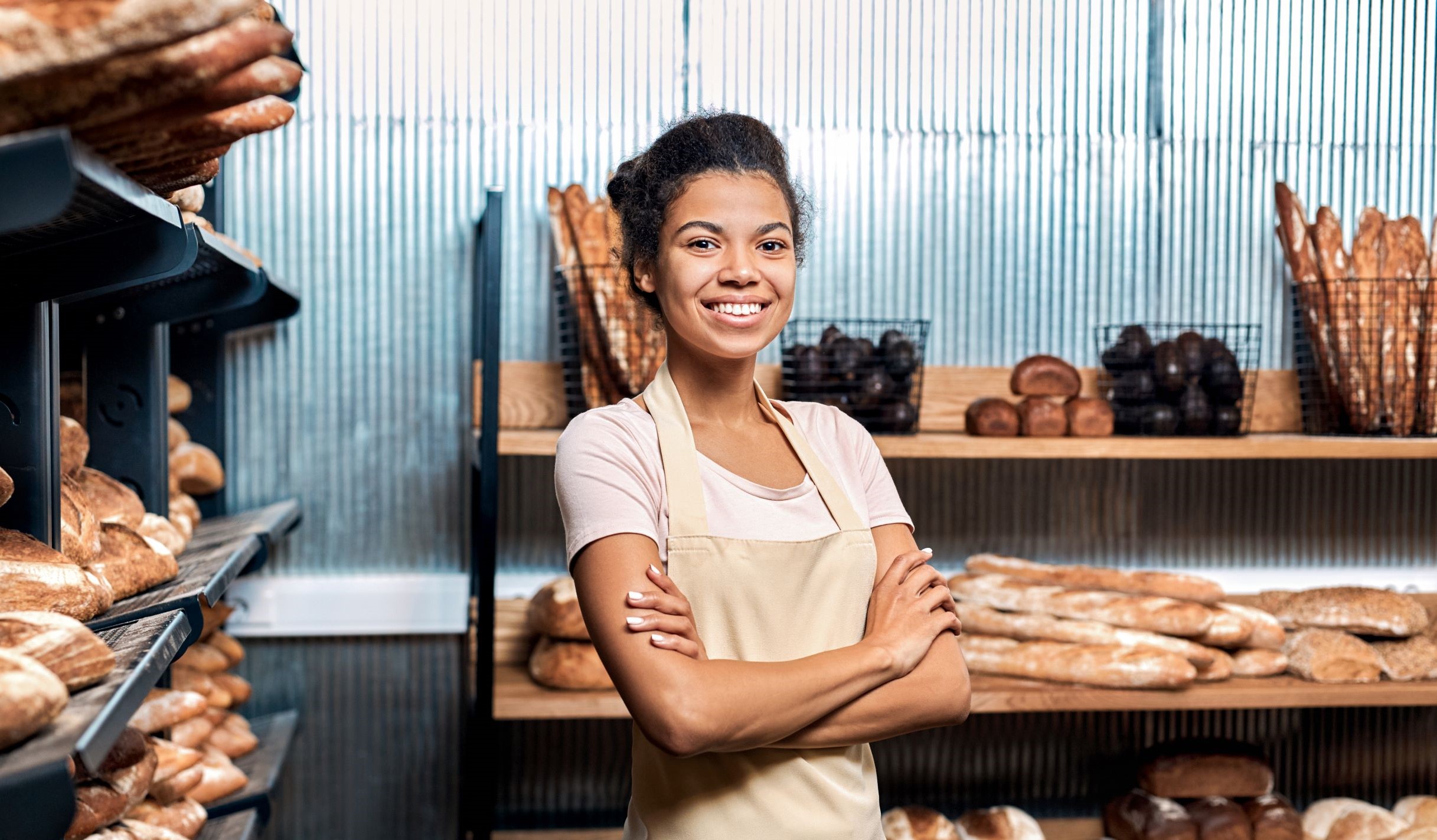 business woman in bread shop